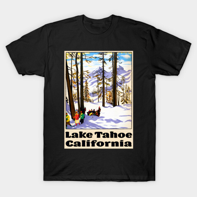 Black t-shirt with vintage Lake Tahoe California print, winter landscape design, cotton material, casual wear.