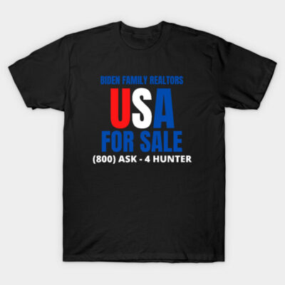 Black cotton T-shirt with bold red, white, and blue text design, ideal for casual wear.