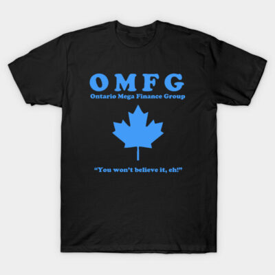 Black T-shirt with blue text and maple leaf design, casual cotton tee for everyday wear.