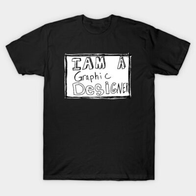 Black graphic t-shirt with "I Am a Graphic Designer" text, casual style, comfortable cotton material.