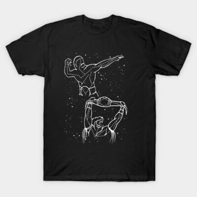 Black T-shirt with white sketch-style design, featuring abstract figures in dynamic poses, casual wear, cotton material.