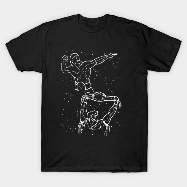 Black T-shirt with white sketch-style design, featuring abstract figures in dynamic poses, casual wear, cotton material.