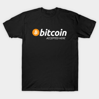 Black t-shirt with "Bitcoin Accepted Here" print, casual style, ideal for cryptocurrency enthusiasts, 100% cotton.