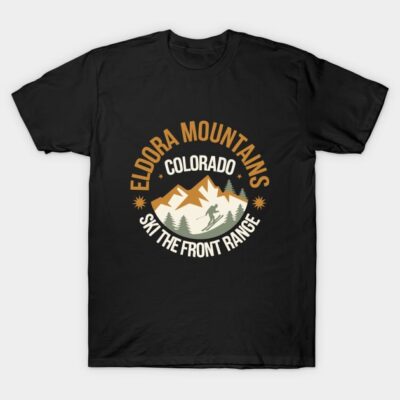 Black t-shirt with "Eldora Mountains Colorado" graphic, featuring skiing and mountain design, ideal for outdoor enthusiasts.