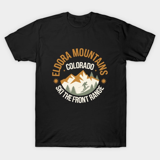 Black t-shirt with "Eldora Mountains Colorado" graphic, featuring skiing and mountain design, ideal for outdoor enthusiasts.
