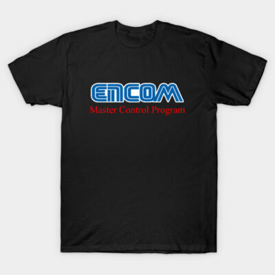 Black T-shirt with blue and red "Master Control Program" graphic, casual style, cotton material.