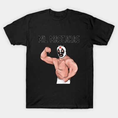 Black T-shirt featuring a muscular masked wrestler graphic and text, perfect for fans of wrestling, made of cotton.