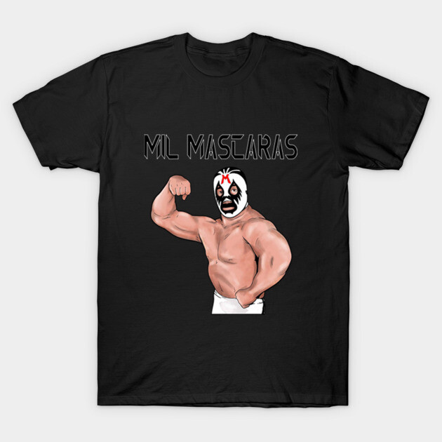 Black T-shirt featuring a muscular masked wrestler graphic and text, perfect for fans of wrestling, made of cotton.