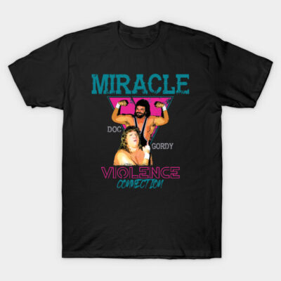Black graphic tee featuring retro wrestling design with colorful text and illustration, ideal for casual wear.