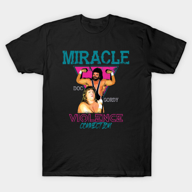 Black graphic tee featuring retro wrestling design with colorful text and illustration, ideal for casual wear.