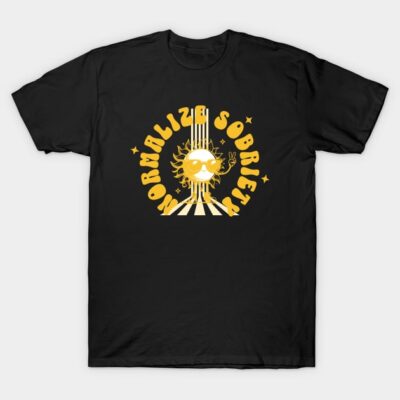 Black T-shirt with yellow "Normalize Sobriety" sun graphic, casual cotton wear for everyday use.