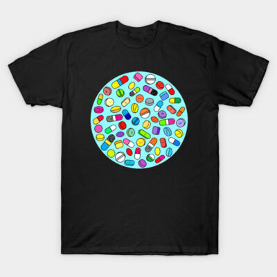 Black T-shirt with colorful pill pattern design, casual style, soft cotton material, ideal for everyday wear.