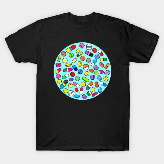 Black T-shirt with colorful pill pattern design, casual style, soft cotton material, ideal for everyday wear.
