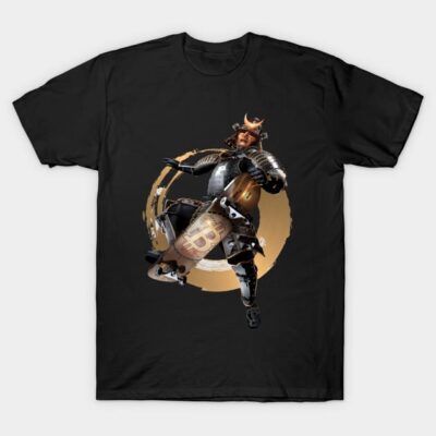 Black t-shirt featuring a samurai with a golden shield, ideal for casual wear, made from soft cotton material.