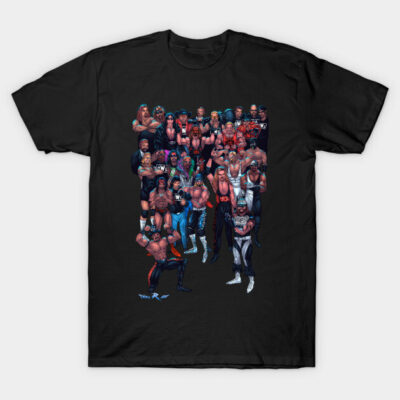 Black graphic t-shirt featuring vintage wrestling-themed illustration, perfect for casual wear and wrestling fans.