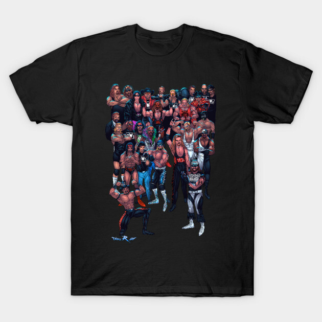 Black graphic t-shirt featuring vintage wrestling-themed illustration, perfect for casual wear and wrestling fans.