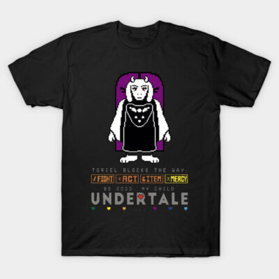 Black Undertale-themed t-shirt featuring pixel art and text design, perfect for video game fans and casual wear.