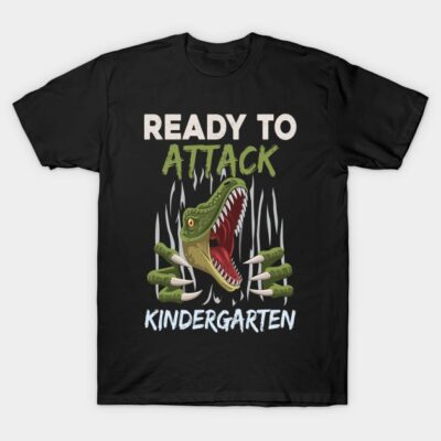 Black kids' t-shirt with dinosaur graphic and "Ready to Attack Kindergarten" text, casual style, cotton material.