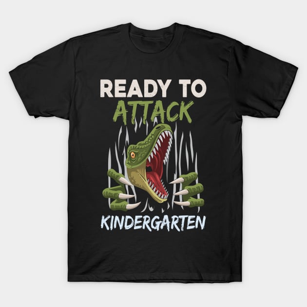 Dinosaur Kids Ready To Attack Kindergarten Boys Back To School T-Shirt 1 Black kids' t-shirt with dinosaur graphic and "Ready to Attack Kindergarten" text, casual style, cotton material.