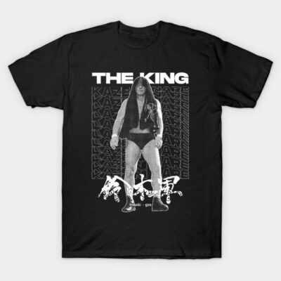 Black graphic t-shirt featuring bold text "The King" with a striking design, perfect for casual wear.