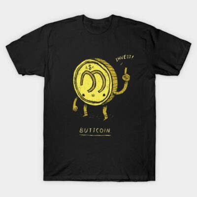 Black T-shirt with humorous yellow coin graphic and text, perfect for casual wear or novelty gift.
