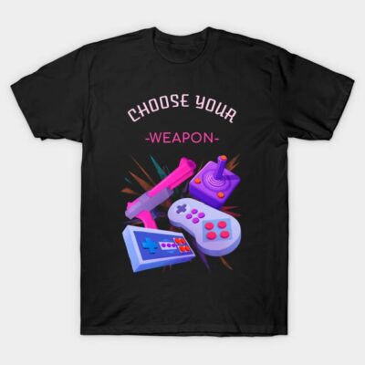 Black T-shirt with retro gaming controllers graphic, "Choose Your Weapon" text. Casual style, perfect for gamers.