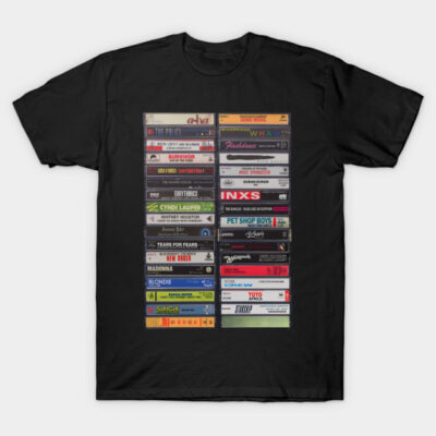 Black T-shirt with vintage cassette tape print, music theme, casual wear, cotton material, retro style.