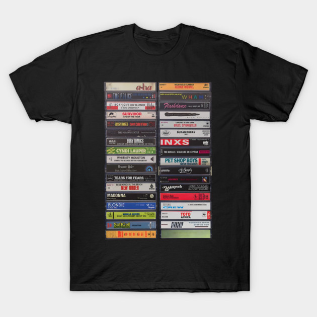 Black T-shirt with vintage cassette tape print, music theme, casual wear, cotton material, retro style.