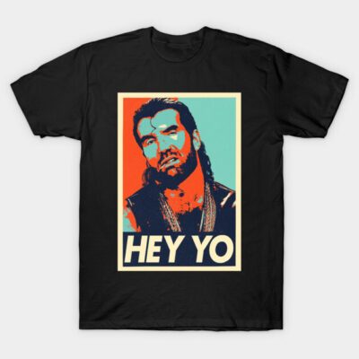 Black T-shirt with colorful graphic and "Hey Yo" text, casual style, cotton material, ideal for everyday wear.