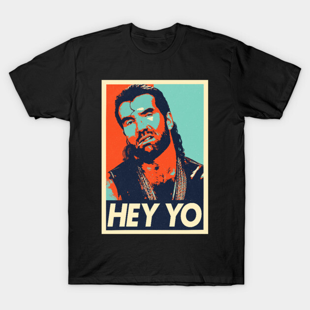 Black T-shirt with colorful graphic and "Hey Yo" text, casual style, cotton material, ideal for everyday wear.