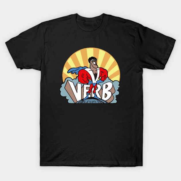 Black t-shirt with colorful superhero graphic and "Verb" text, casual style, cotton material, ideal for daily wear.