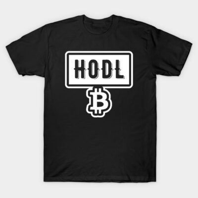 Black t-shirt with "HODL" and Bitcoin logo design, casual cryptocurrency-themed cotton apparel for enthusiasts.
