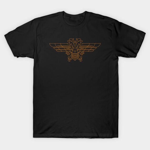 Black t-shirt with gold geometric eagle design, casual style, made from soft cotton, ideal for everyday wear.