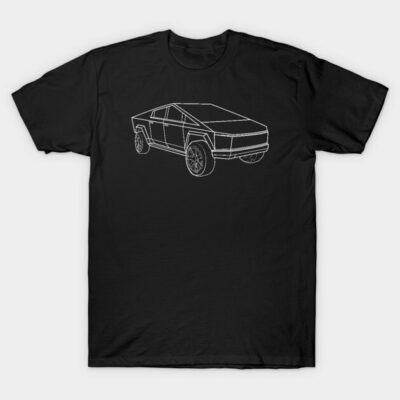 Black t-shirt featuring white outline drawing of a futuristic truck, casual style, made from 100% cotton.