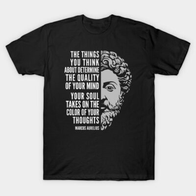 Black T-shirt with philosophical quote and face graphic, casual style, cotton material, ideal for thoughtful expression.