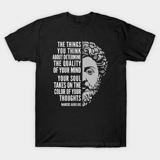 Black T-shirt with philosophical quote and face graphic, casual style, cotton material, ideal for thoughtful expression.
