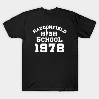 Black cotton T-shirt with "Haddonfield High School 1978" in white text, casual style, perfect for everyday wear.