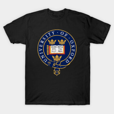Black t-shirt with University of Oxford emblem, casual style, 100% cotton, ideal for everyday wear.
