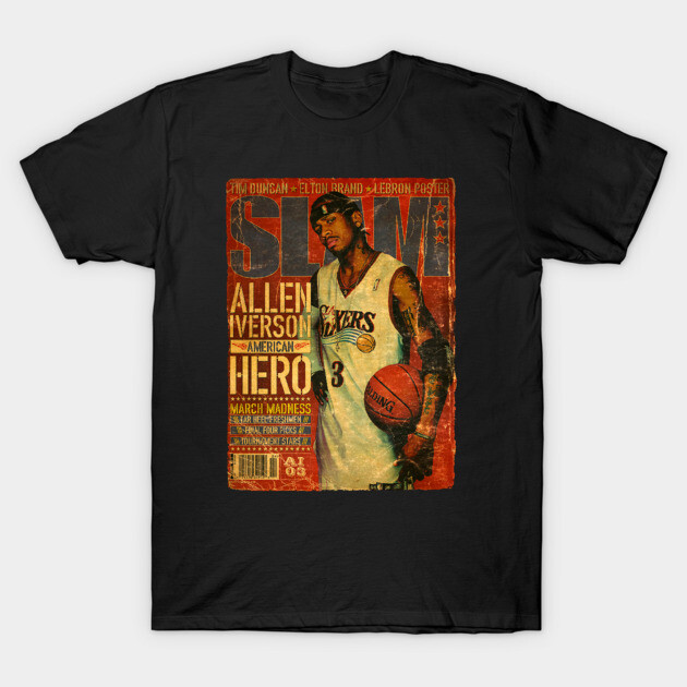 Black graphic t-shirt featuring vintage basketball magazine cover design, ideal for casual wear.