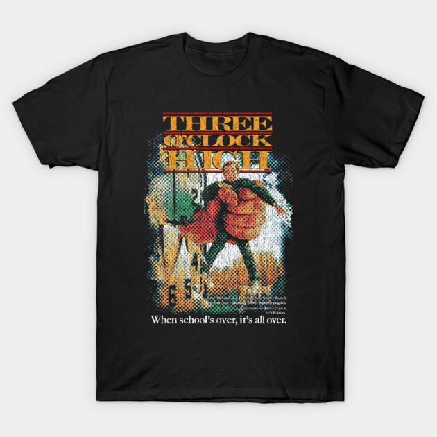 Black graphic t-shirt featuring colorful retro design with "Three O'Clock High" text, ideal for casual wear.