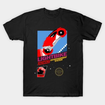 Black t-shirt featuring a retro red light bike graphic with pixelated design, ideal for gaming enthusiasts.