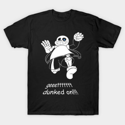 Black t-shirt with cartoon skeleton design and "geettttt dunked on" text, casual wear, cotton material.