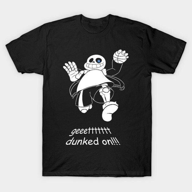 Black t-shirt with cartoon skeleton design and "geettttt dunked on" text, casual wear, cotton material.