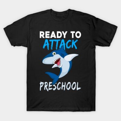 Black T-shirt with playful shark graphic and "Ready to Attack Preschool" text, perfect for kids' casual wear.