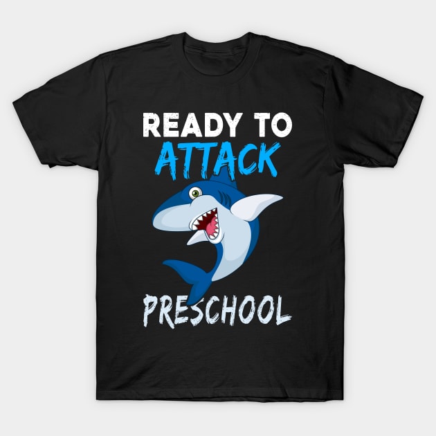 Black T-shirt with playful shark graphic and "Ready to Attack Preschool" text, perfect for kids' casual wear.