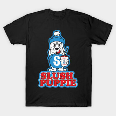Black graphic T-shirt featuring a cartoon dog with a slush drink, text "Slush Puppie," casual cotton apparel.