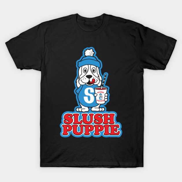 Black graphic T-shirt featuring a cartoon dog with a slush drink, text "Slush Puppie," casual cotton apparel.