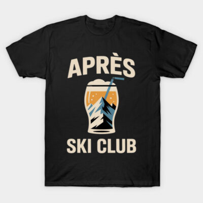 Black "Après Ski Club" T-shirt with mountain and beer graphic, casual wear, cotton material.