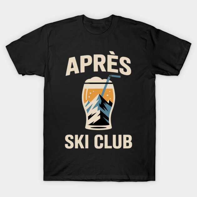 Black "Après Ski Club" T-shirt with mountain and beer graphic, casual wear, cotton material.