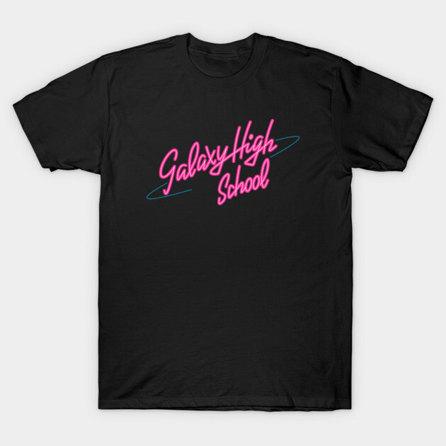 Black T-shirt with "Galaxy High School" in pink retro font, casual style, ideal for everyday wear.